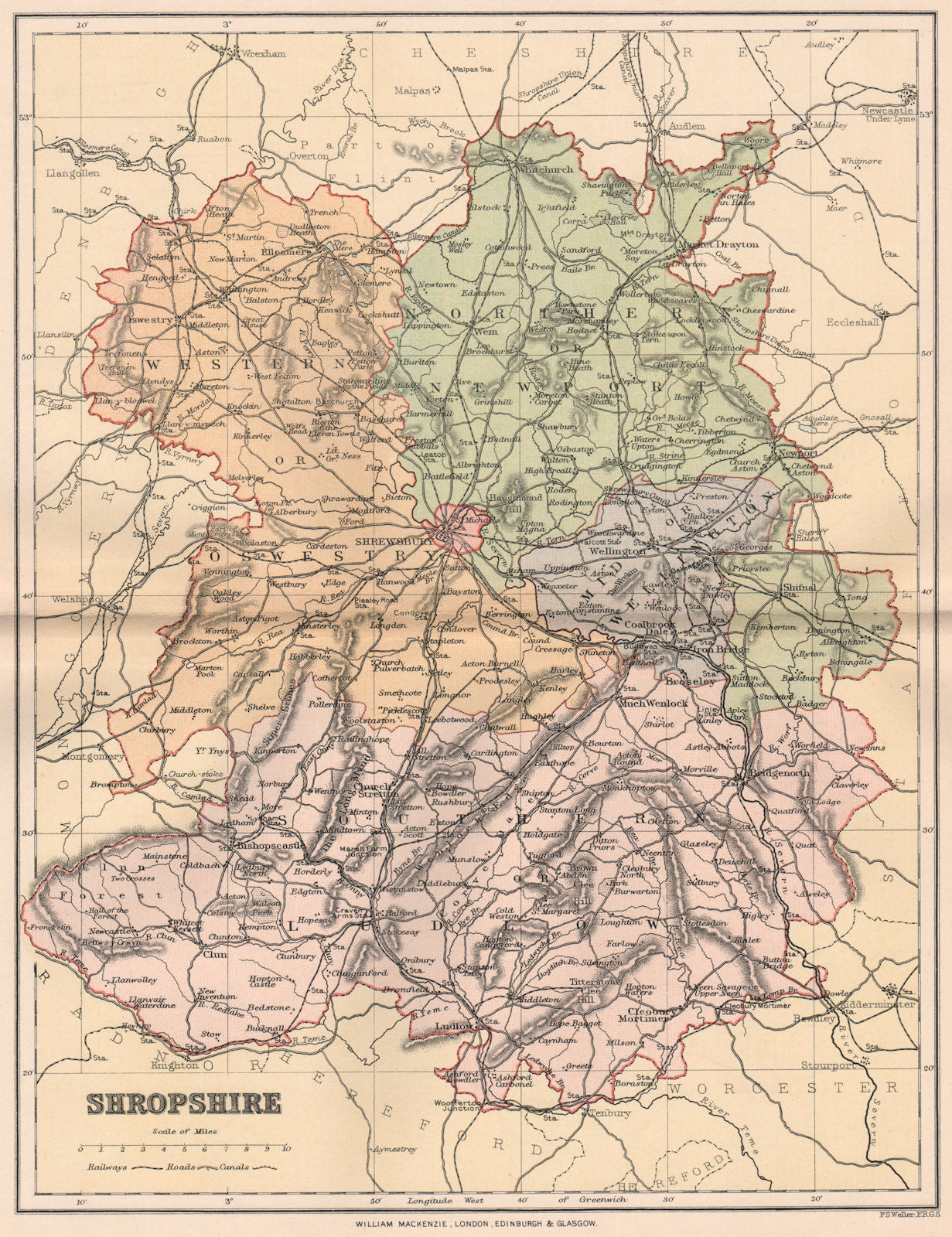 SHROPSHIRE. Antique county map 1893 old vintage plan chart